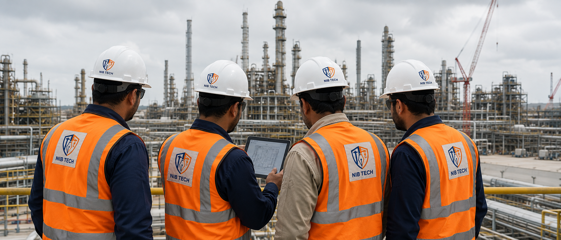 NIBTECH inspection team reviewing a site plan on a tablet at an industrial refinery