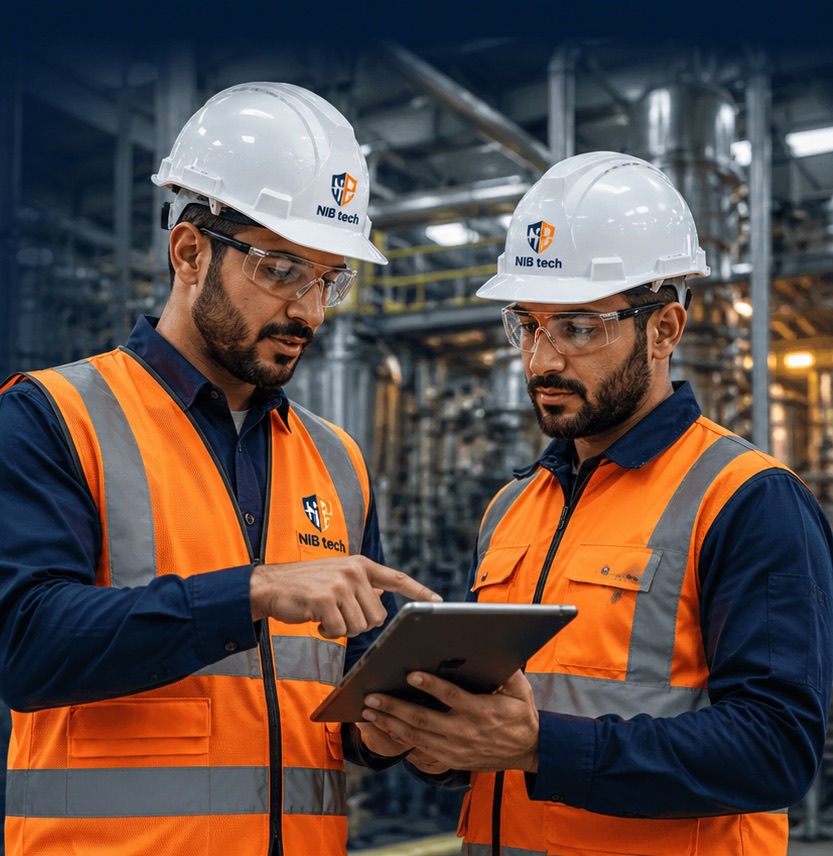 Two NIBTECH engineers in branded helmets reviewing a tablet at an industrial plant