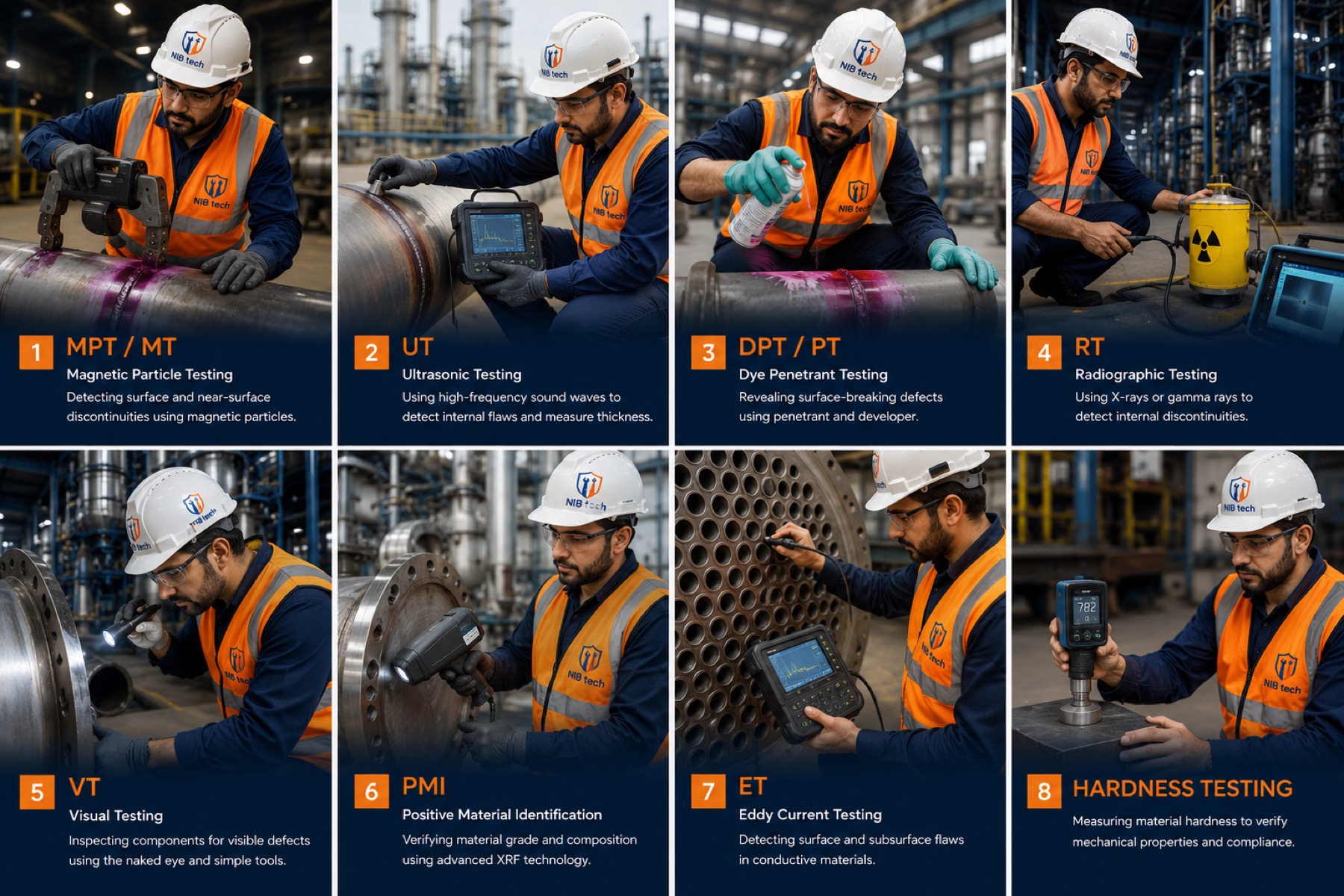 Overview of eight NDT methods offered by NIBTECH: magnetic particle, ultrasonic, dye penetrant, radiographic, visual, PMI, eddy current, and hardness testing
