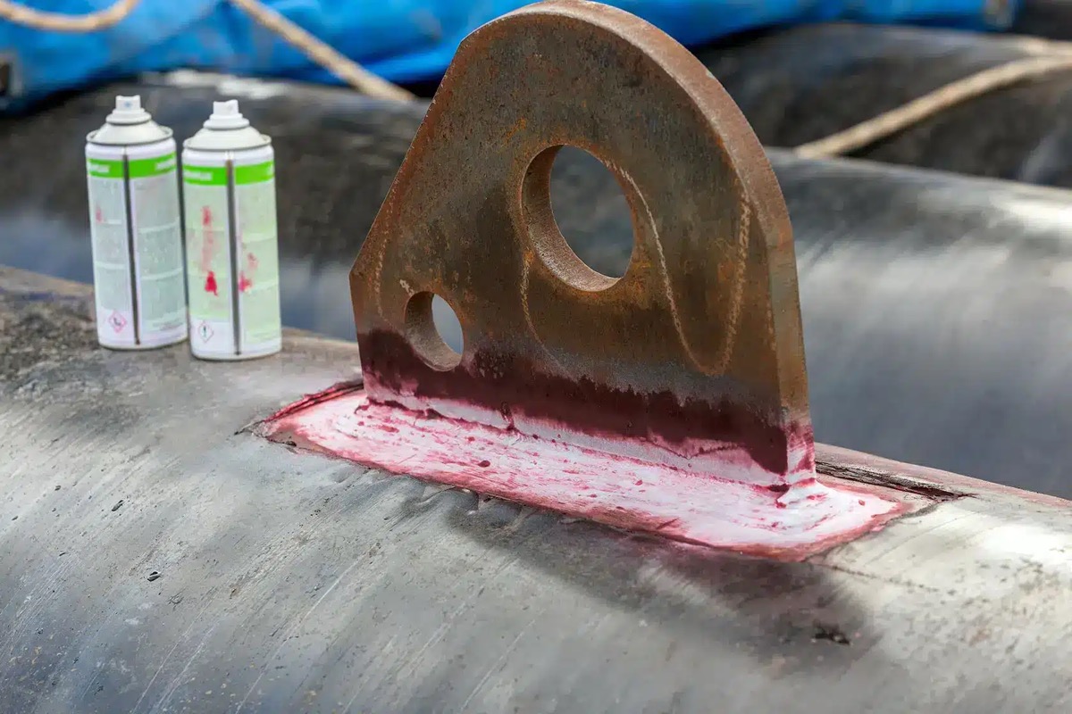 Magnetic particle testing of a lifting lug weld on a pipe