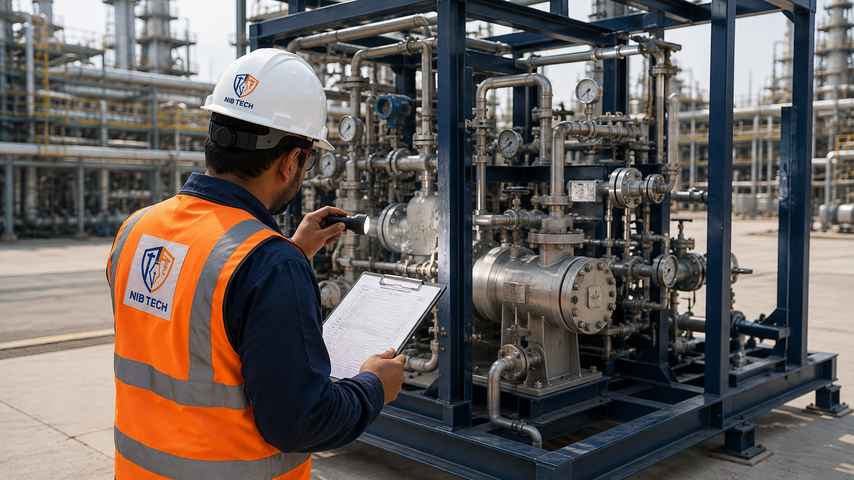 NIBTECH inspector conducting a visual inspection of an industrial equipment skid