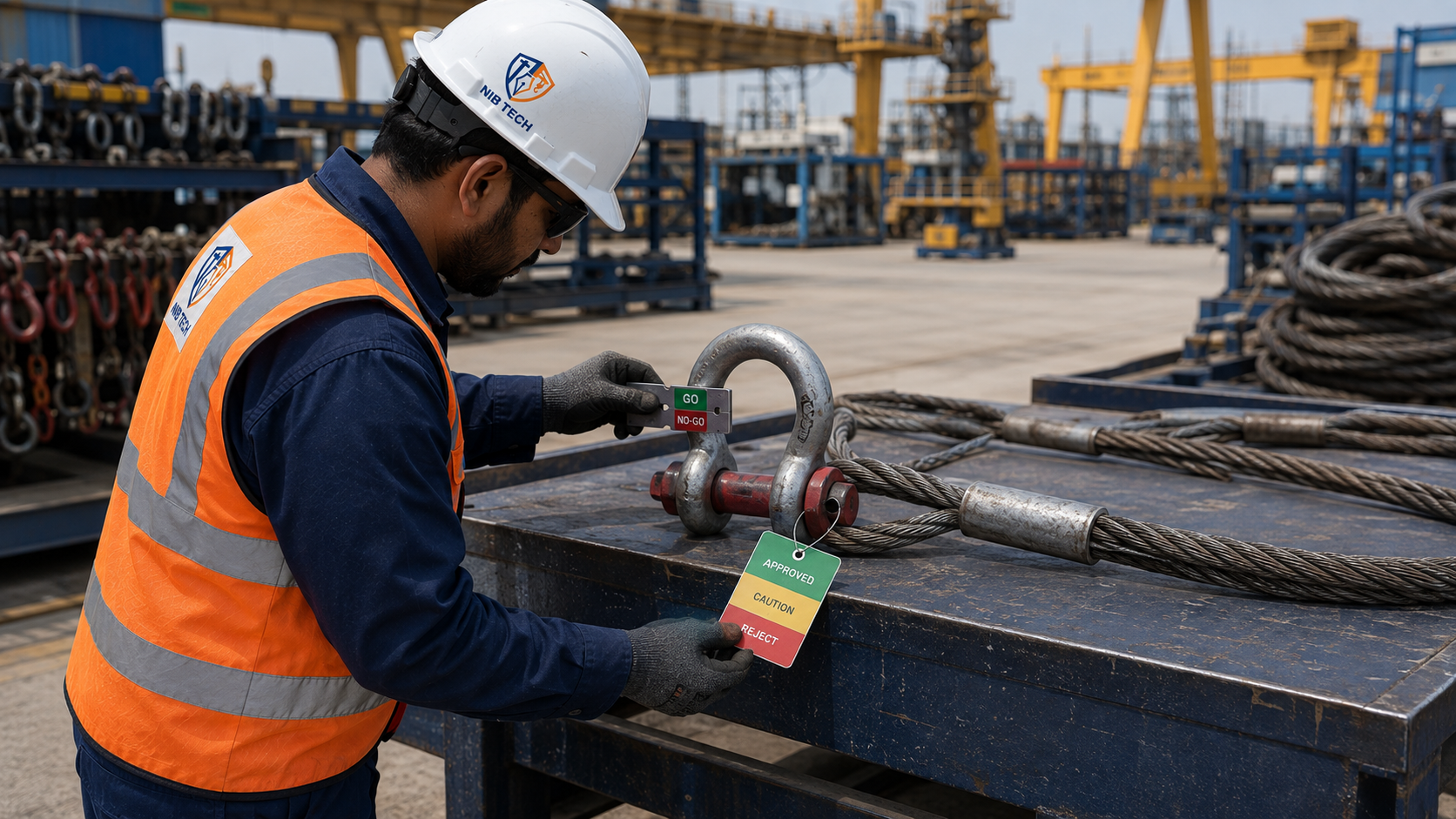 NIBTECH inspector checking a lifting shackle and sling with a go/no-go gauge