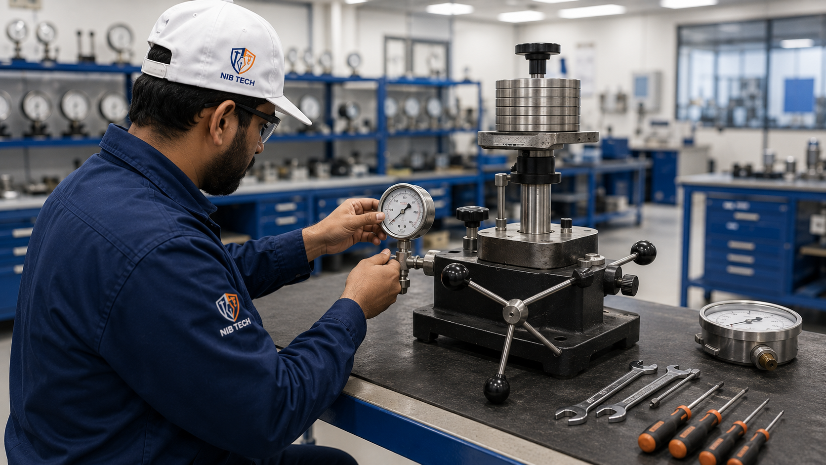 NIBTECH technician calibrating a pressure gauge in the calibration and repair workshop