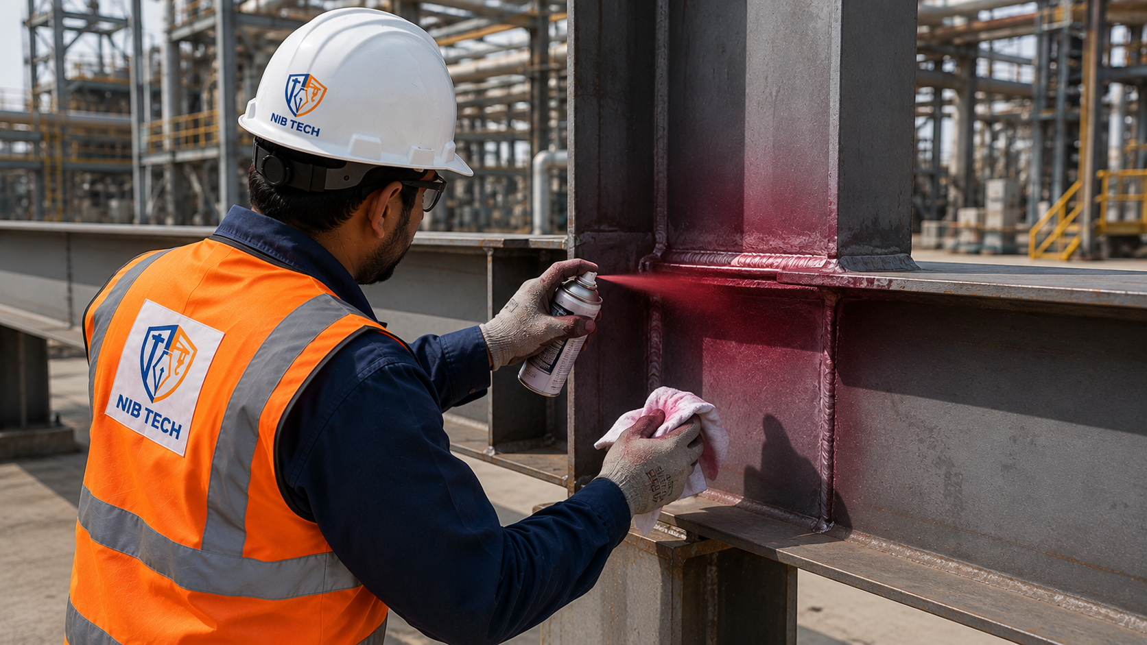 NIBTECH NDT technician performing dye penetrant testing on a steel weld