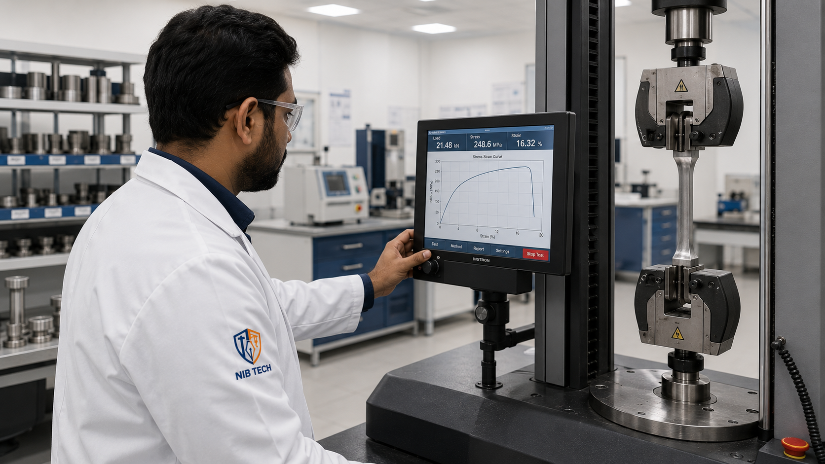 NIBTECH laboratory technician performing a tensile test on a universal testing machine