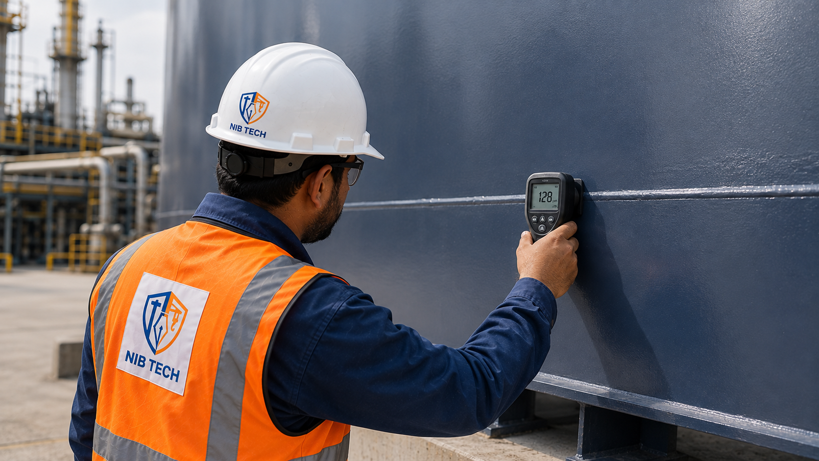 NIBTECH inspector measuring coating thickness on a steel tank with a DFT gauge