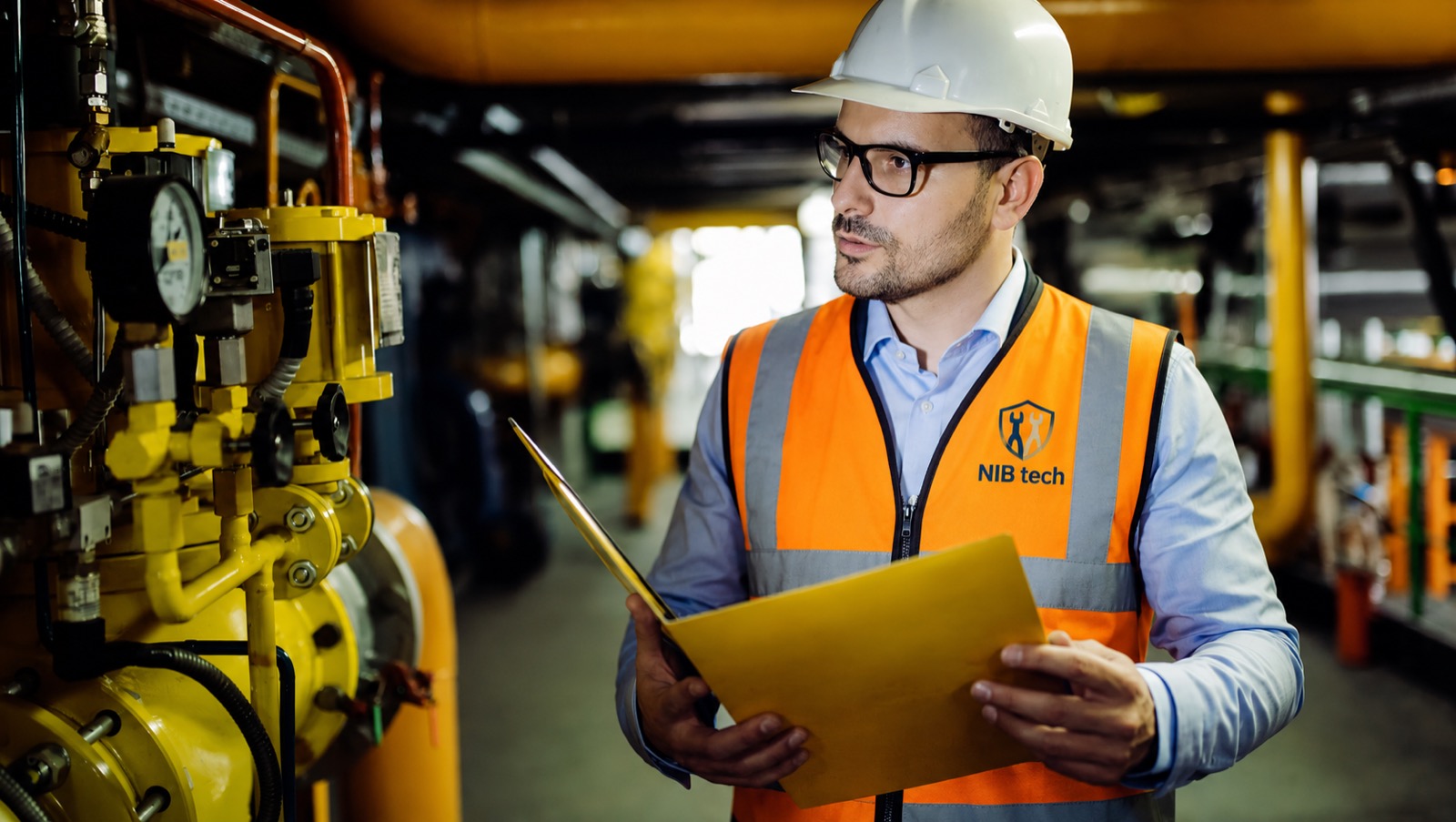 NIBTECH inspector reviewing documentation beside pressure equipment and gauges in an industrial plant