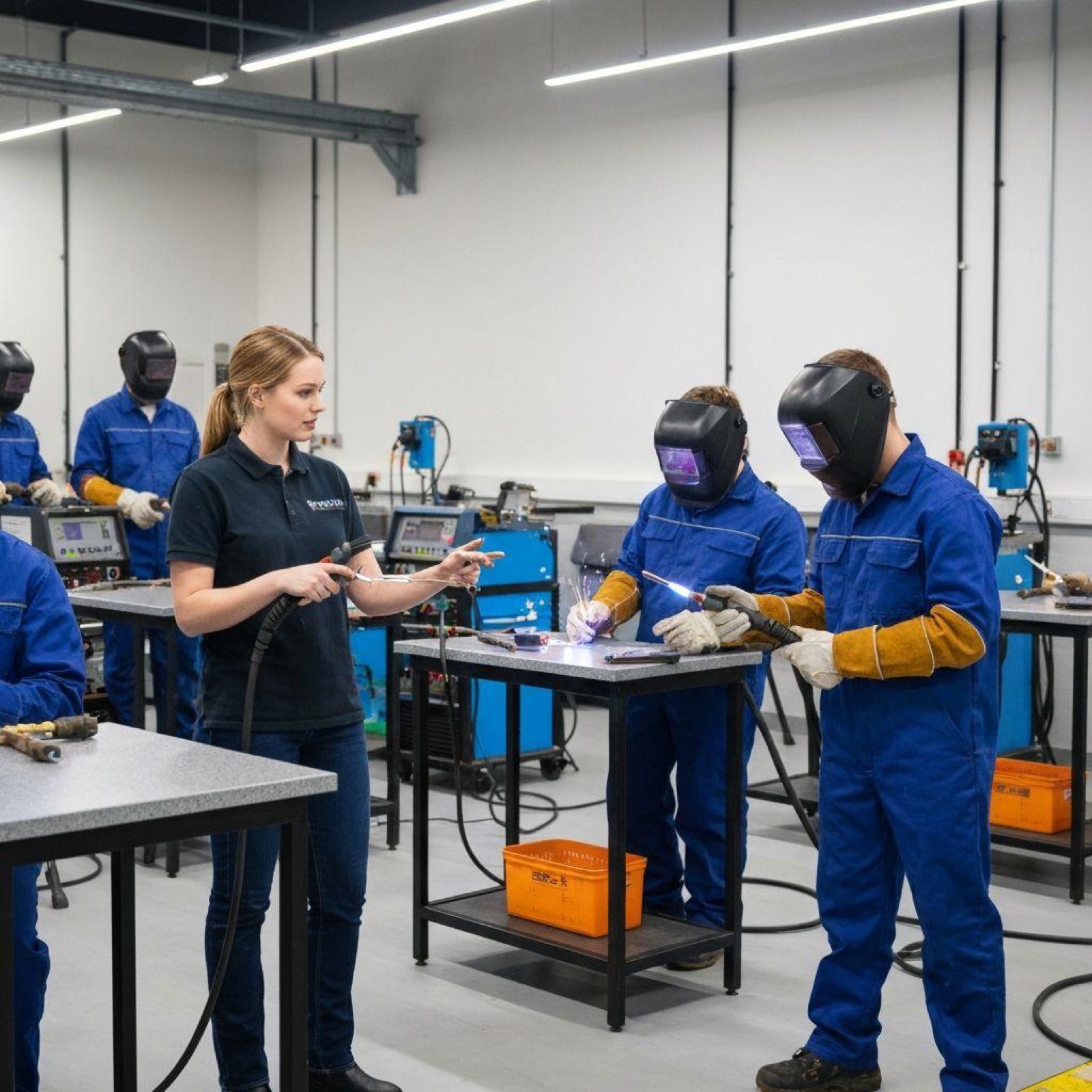 Welding trainees practicing in a workshop